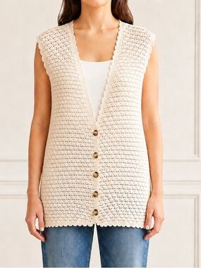 VTG Express Tricot Crochet Sweater Vest M Cream Button Front Boho Cottagecore